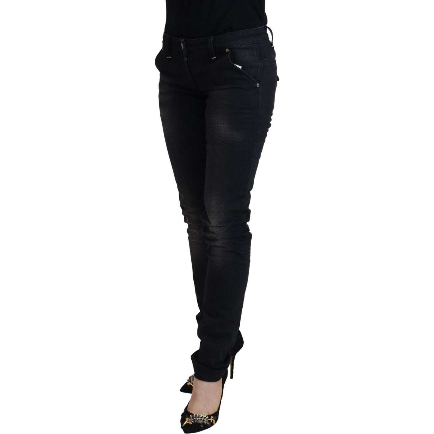 Acht Sleek Black Washed Low Waist Skinny Jeans Acht Black