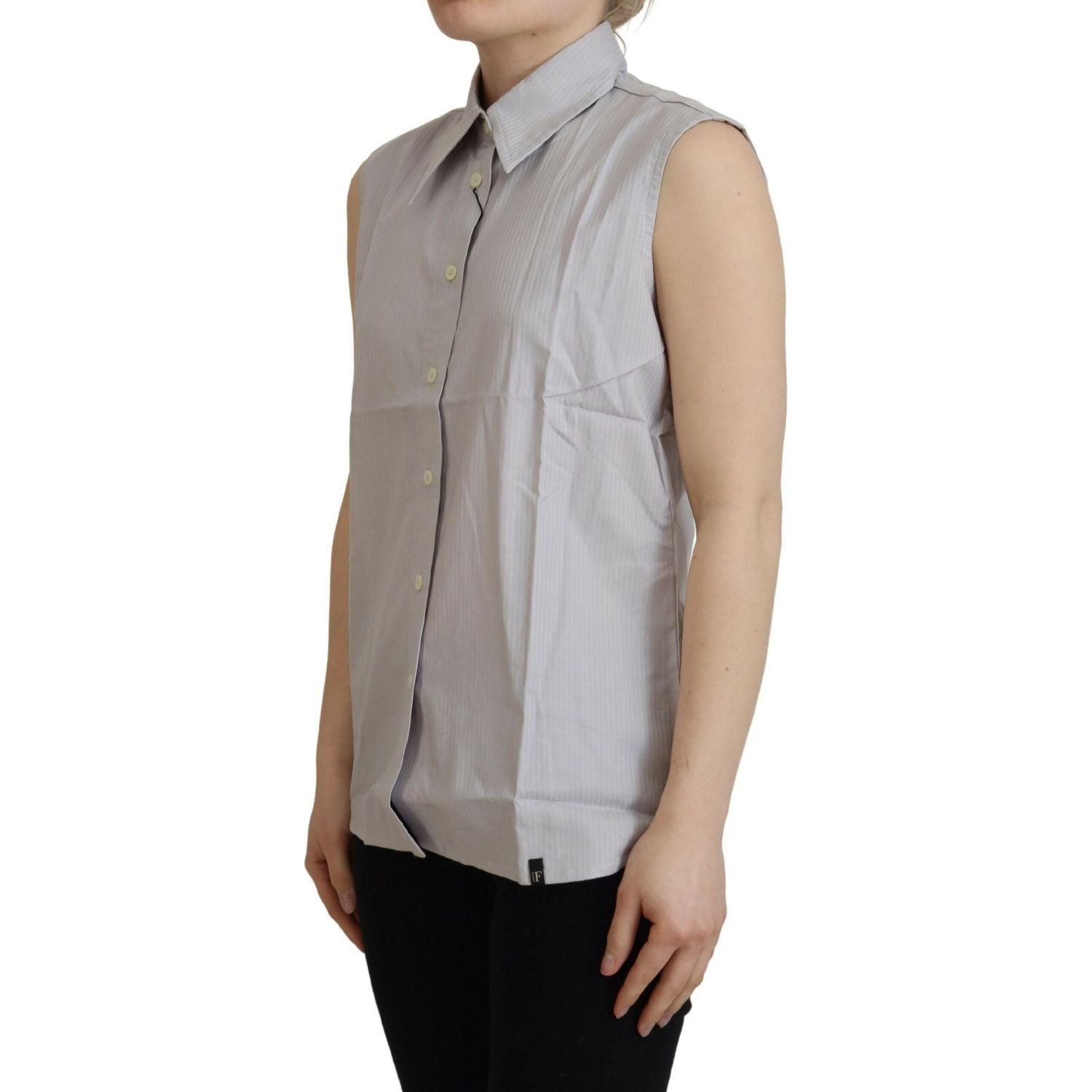 Ferre Light Gray Stripes Cotton Sleeveless Collared Top