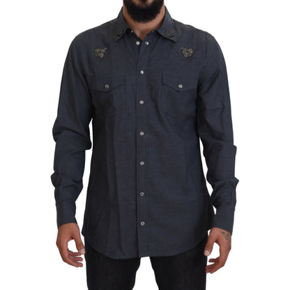 Dolce & Gabbana Blue Cotton Denim Crystal Bee Shirt