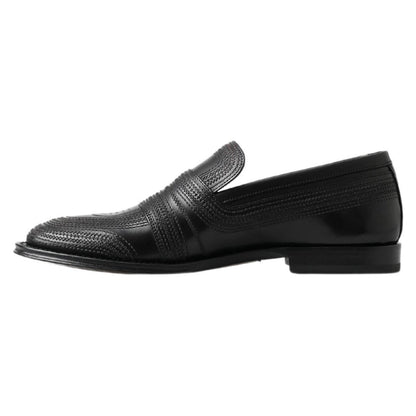 Dolce & Gabbana Black Leather Slipper Loafers Stitched Shoes