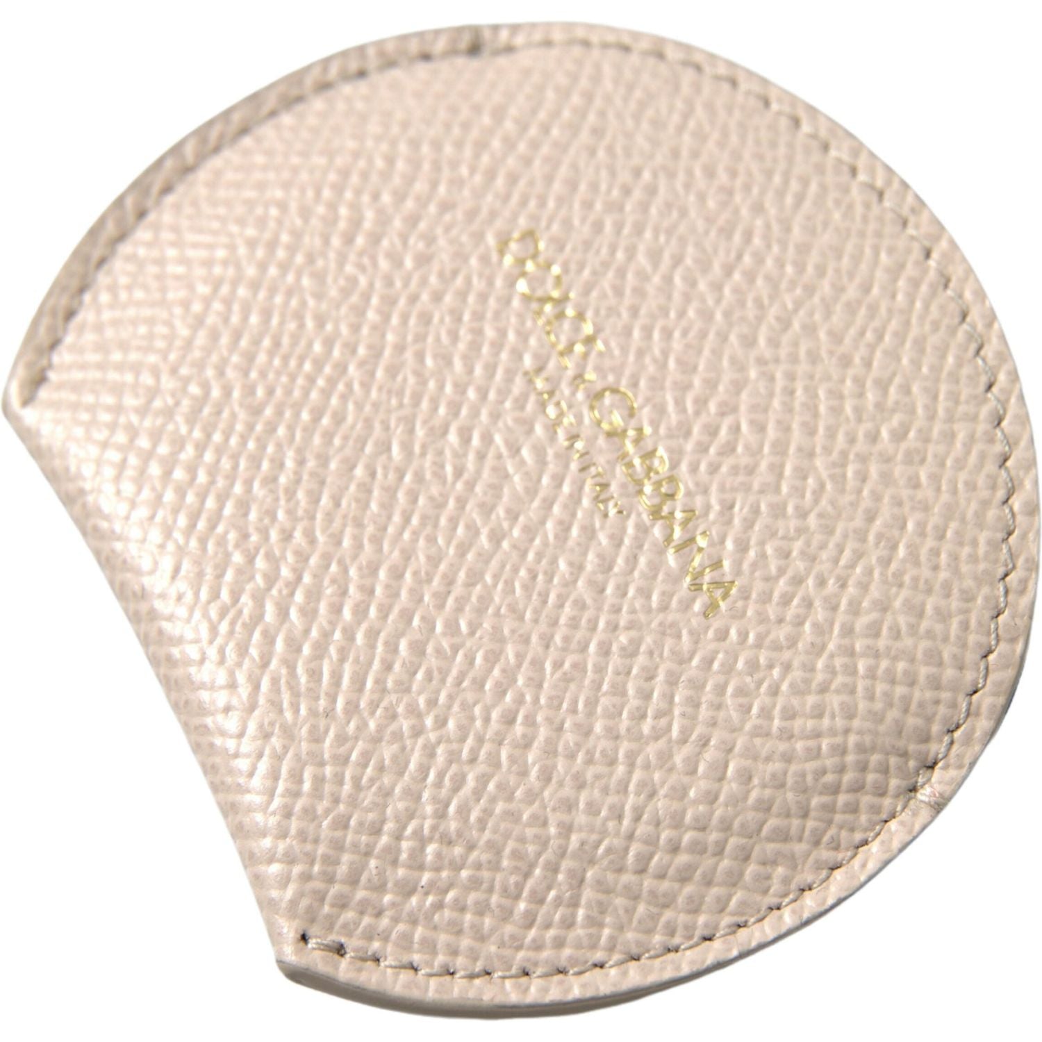 Dolce & Gabbana Beige Calfskin Leather Round Logo Hand Mirror Holder