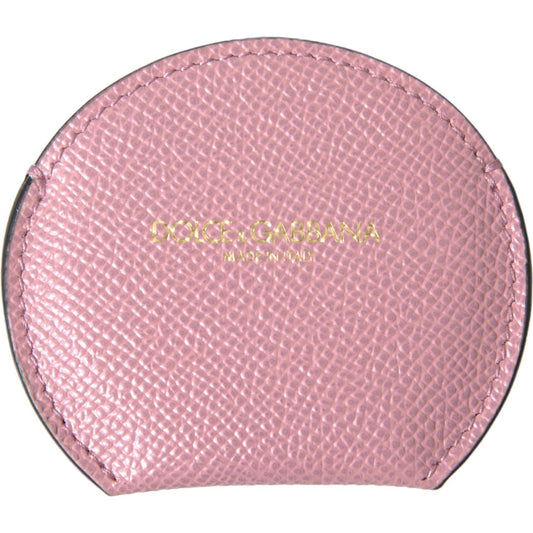 Dolce & Gabbana Pink Calfskin Leather Round Logo Print Hand Mirror Holder