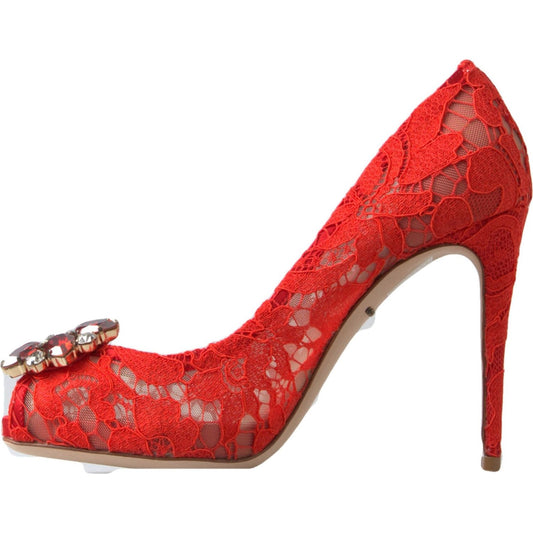 Dolce & Gabbana Chic Red Lace Heels with Crystal Embellishment Dolce & Gabbana