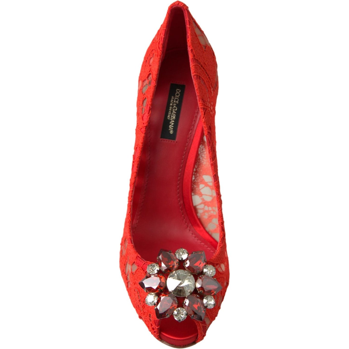 Dolce & Gabbana Chic Red Lace Heels with Crystal Embellishment Dolce & Gabbana