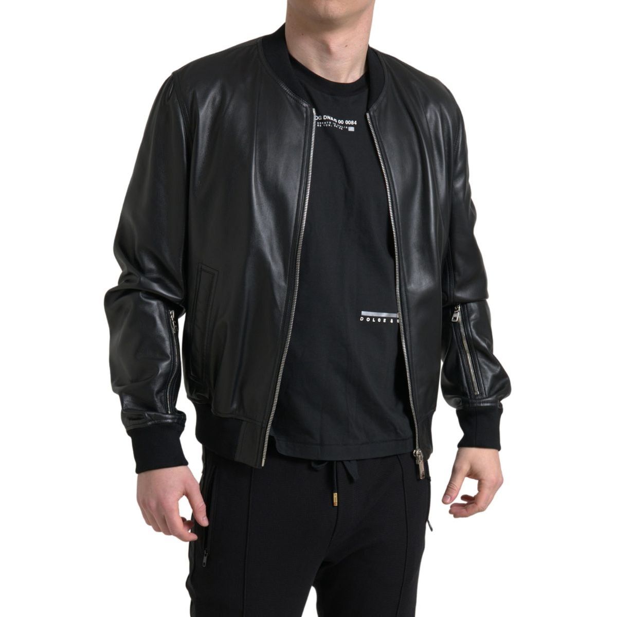 Dolce & Gabbana Black Leather Full Zip Bomber Men Jacket