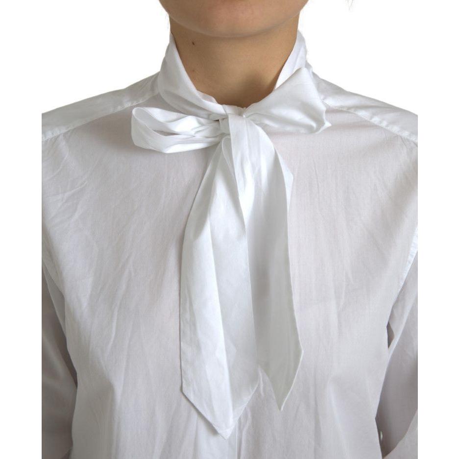 Dolce & Gabbana White Cotton Ascot Collar Long Sleeves Top