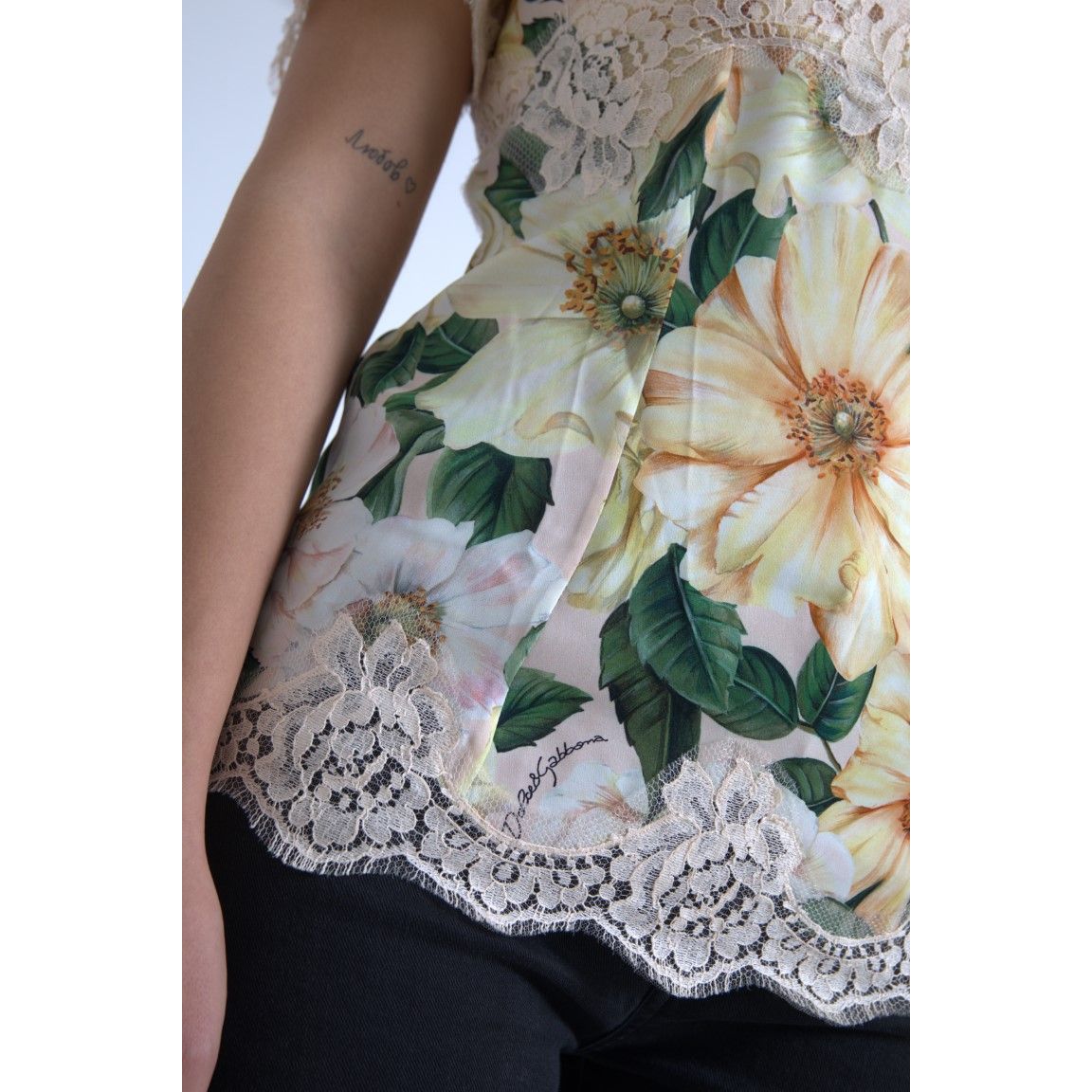 Dolce & Gabbana Multicolor Floral Lace V Neck Blouse