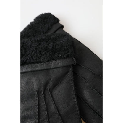 Dolce & Gabbana Black Leather Fur Short Hands Mitten Men Gloves