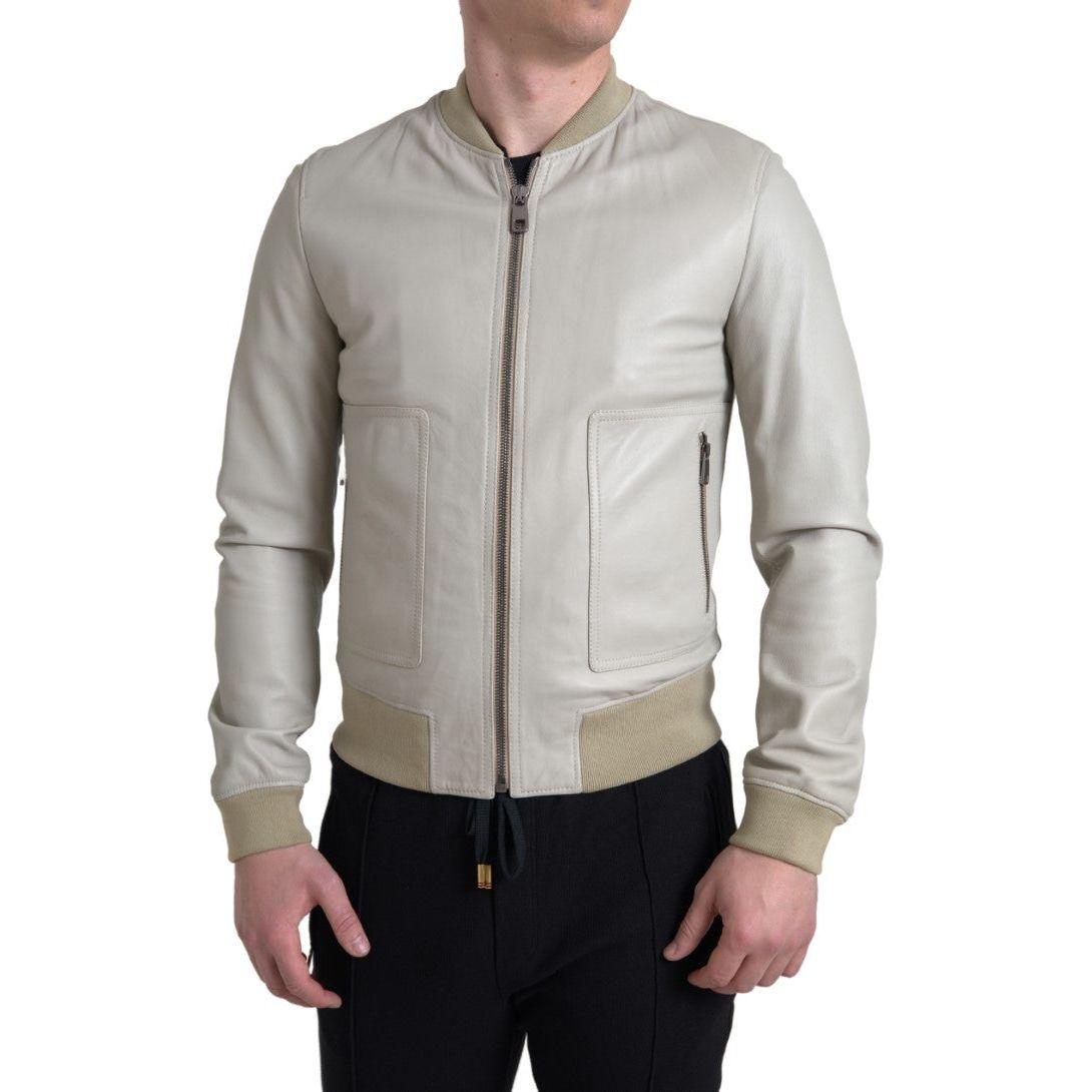 Dolce & Gabbana Cream Leather Bomber Blouson Full Zip Jacket