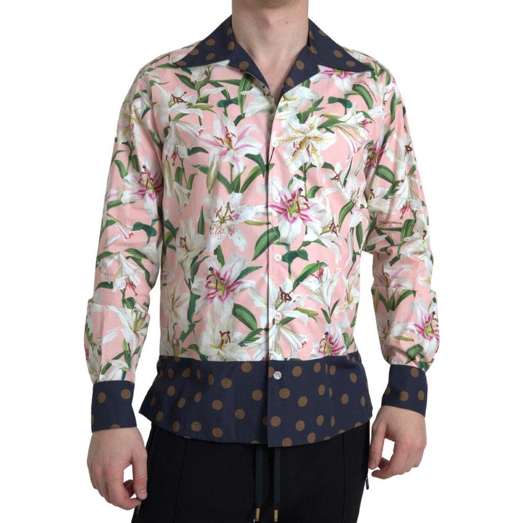 Dolce & Gabbana Cotton Polka Dot Lily Print Collared Shirt
