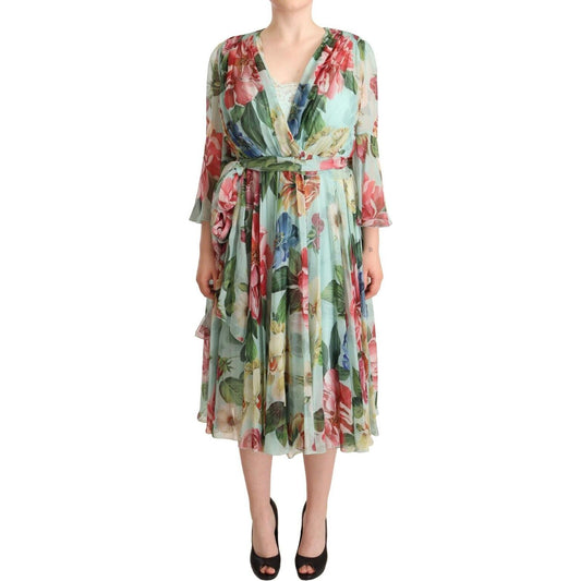 Dolce & Gabbana Multicolor Green Floral Silk Wrap Midi Dress