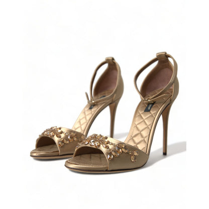 Dolce & Gabbana Gold Satin Ankle Strap Crystal Sandals Shoes