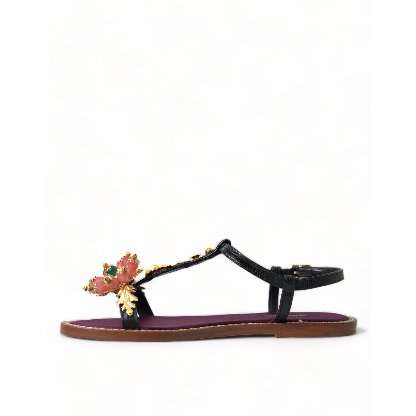 Dolce & Gabbana Black Crystal Gold Sandals Leather Shoes