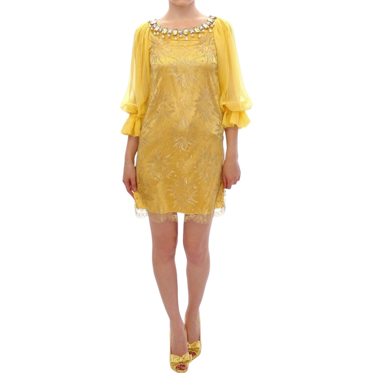 Dolce & Gabbana Yellow Lace Crystal Embellished Mini Dress Dolce & Gabbana