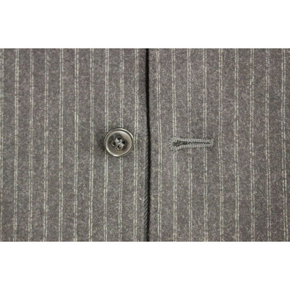 Close-up of Dolce & Gabbana gray striped wool dress vest featuring front button and fine vertical stripes.