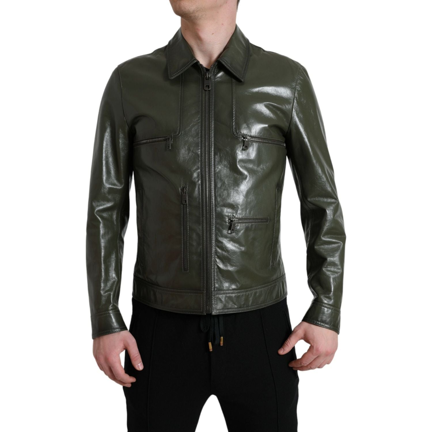 Dolce & Gabbana Emerald Elegance Leather Biker Jacket