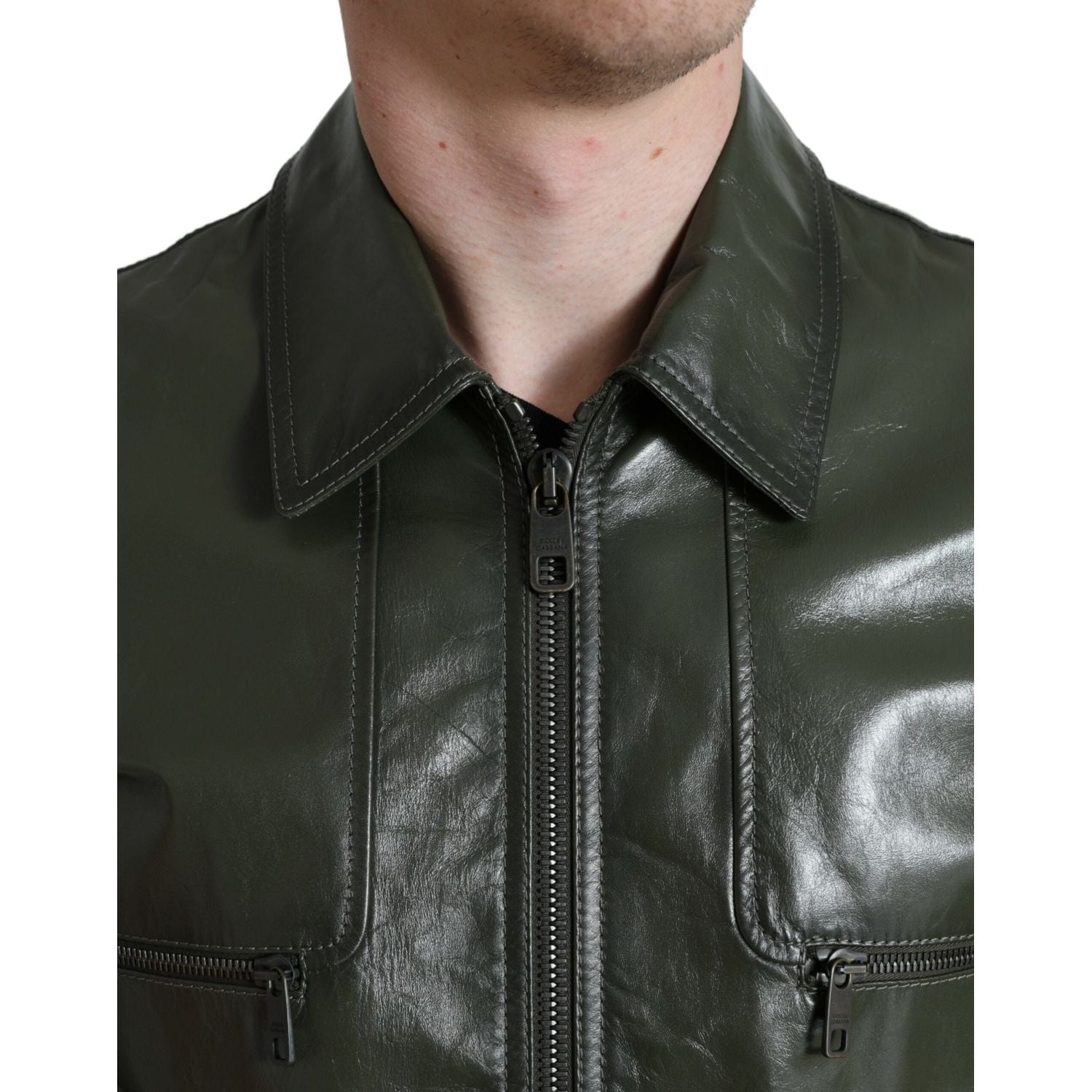 Dolce & Gabbana Emerald Elegance Leather Biker Jacket