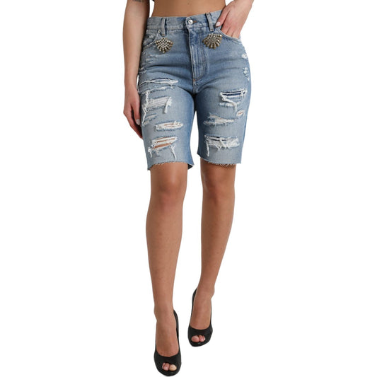 Dolce & Gabbana High Waist Embellished Bermuda Denim Shorts Dolce & Gabbana