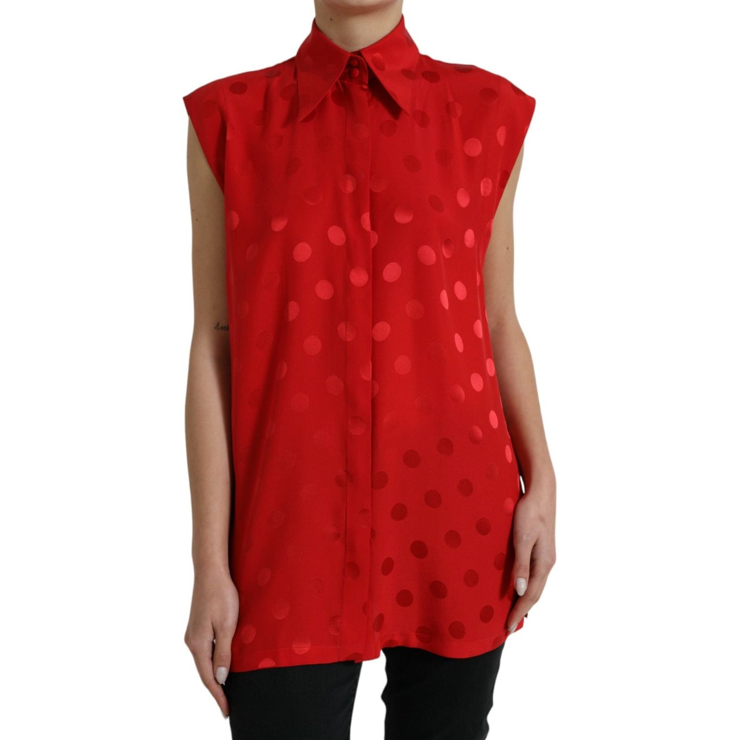 Dolce & Gabbana Red Polka Dot Sleeveless Collared Blouse Top