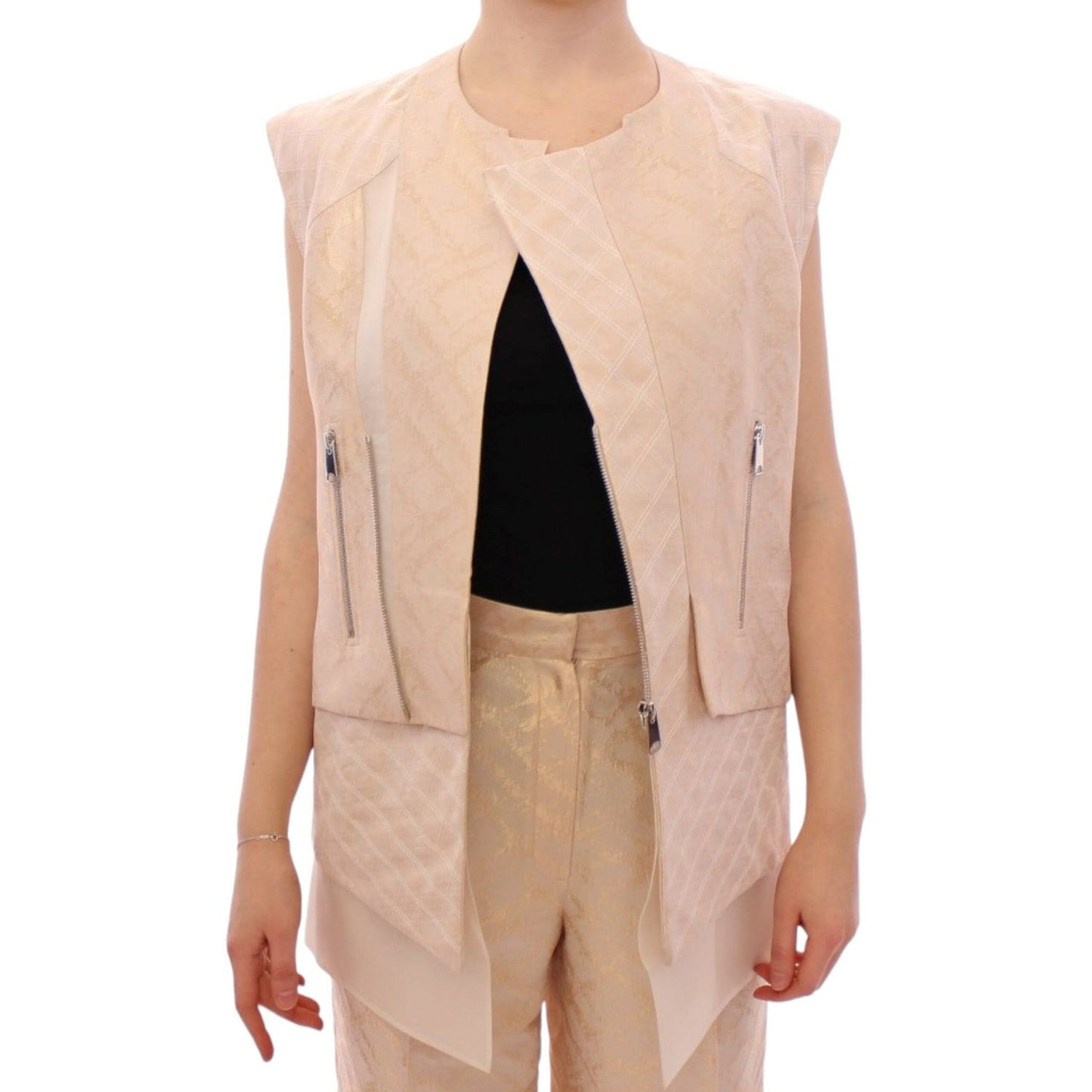 Zeyneptosun Exquisite Beige Brocade Sleeveless Jacket Vest Coats & Jackets Zeyneptosun