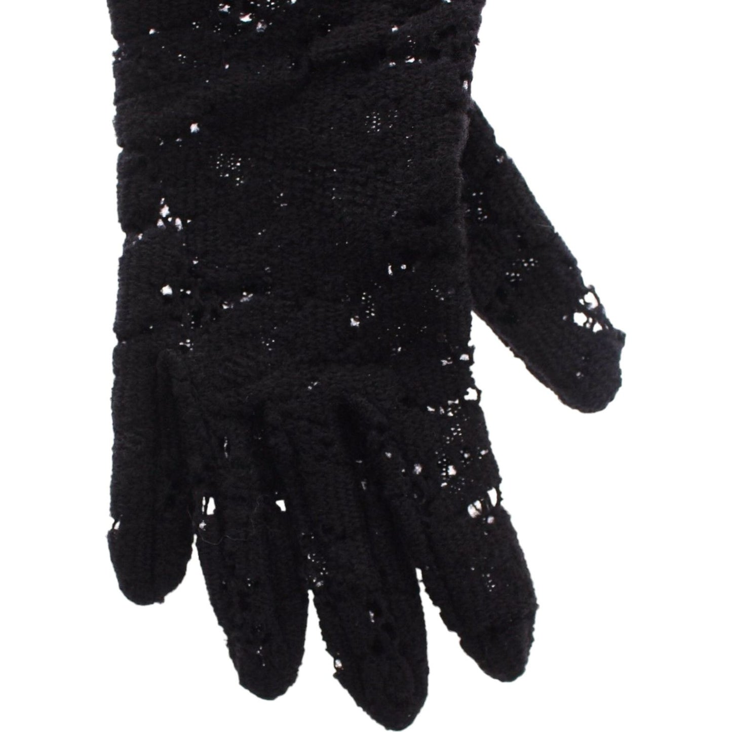 Dolce & Gabbana Black Lace Wool Lambskin Fur Elbow Gloves