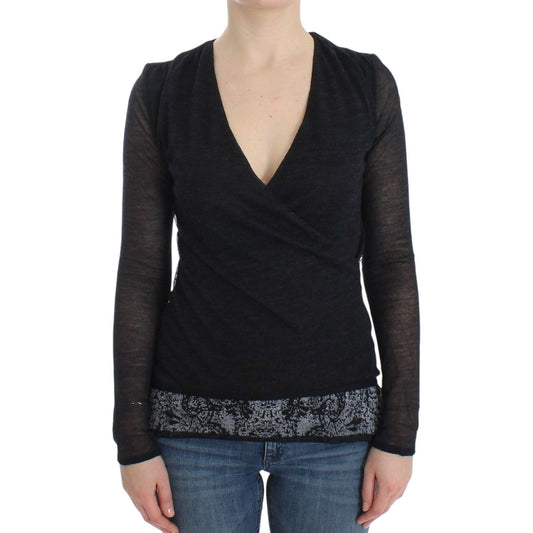 Ermanno Scervino Deep V-neck Black Wool Blend Sweater Ermanno Scervino