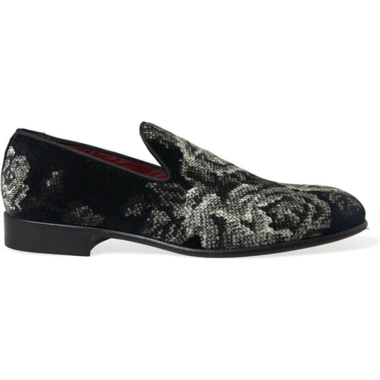 Dolce & Gabbana Black Floral Slippers Men Loafers Dress Shoes