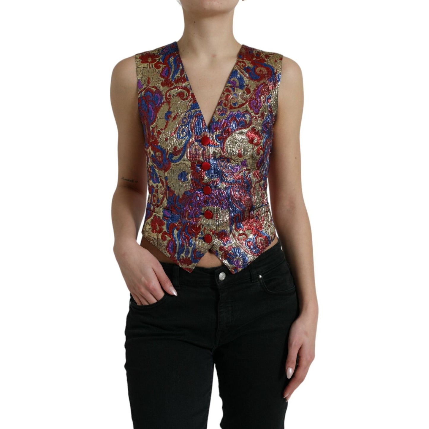 Dolce & Gabbana Multicolor Floral Print Jacquard Waistcoat Vest Dolce & Gabbana