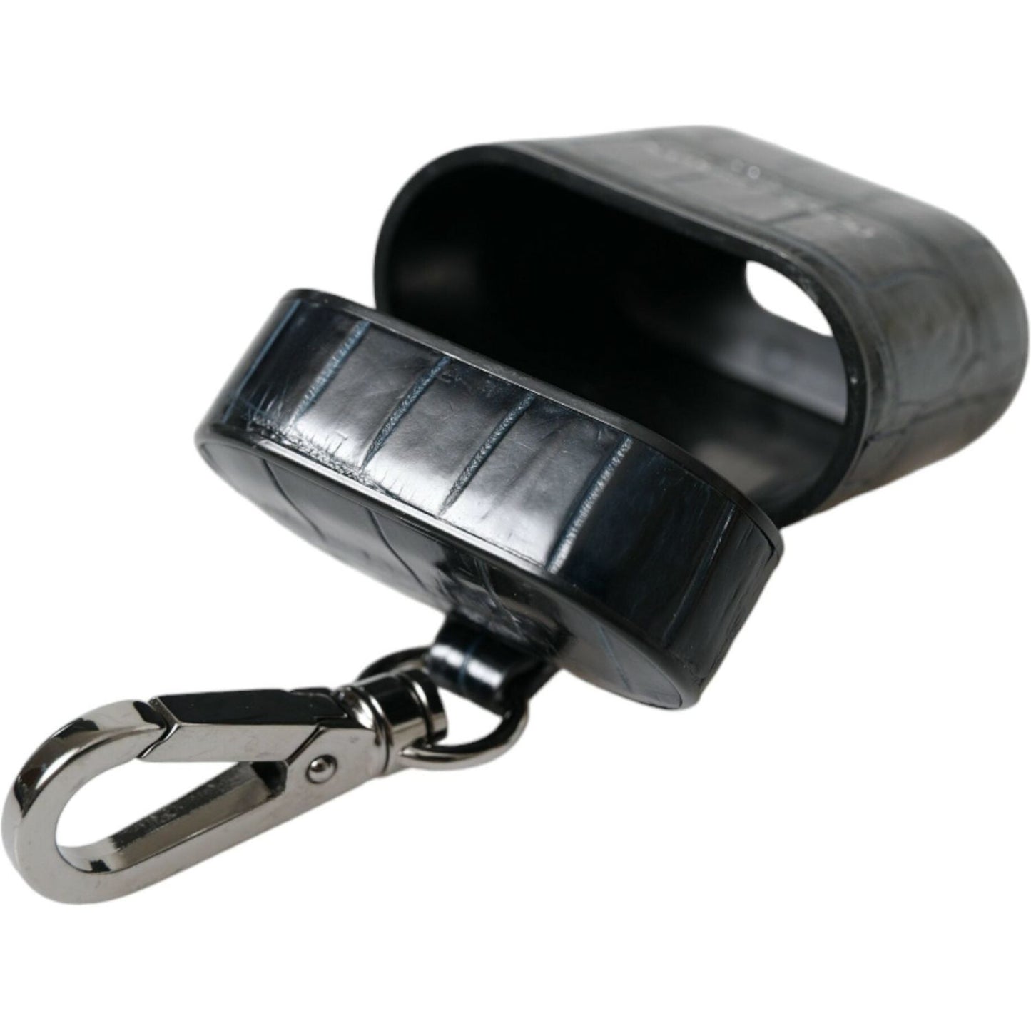 Dolce & Gabbana Black Crocodile Leather Silver Metal Logo Airpods Case