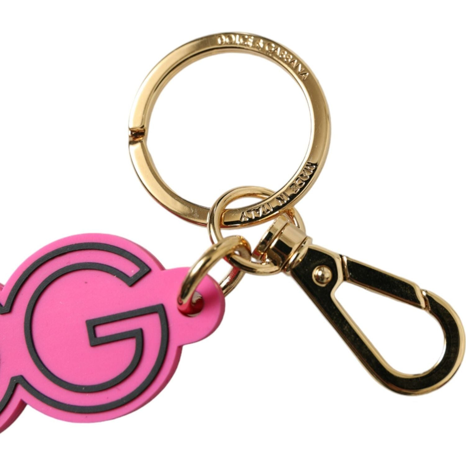 Dolce & Gabbana Pink Rubber Gold Tone Metal DG Logo Keyring Keychain