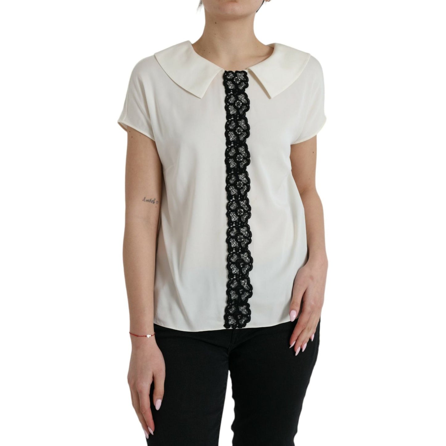 Dolce & Gabbana Elegant Off-White Lace-Trim Silk Blouse Dolce & Gabbana