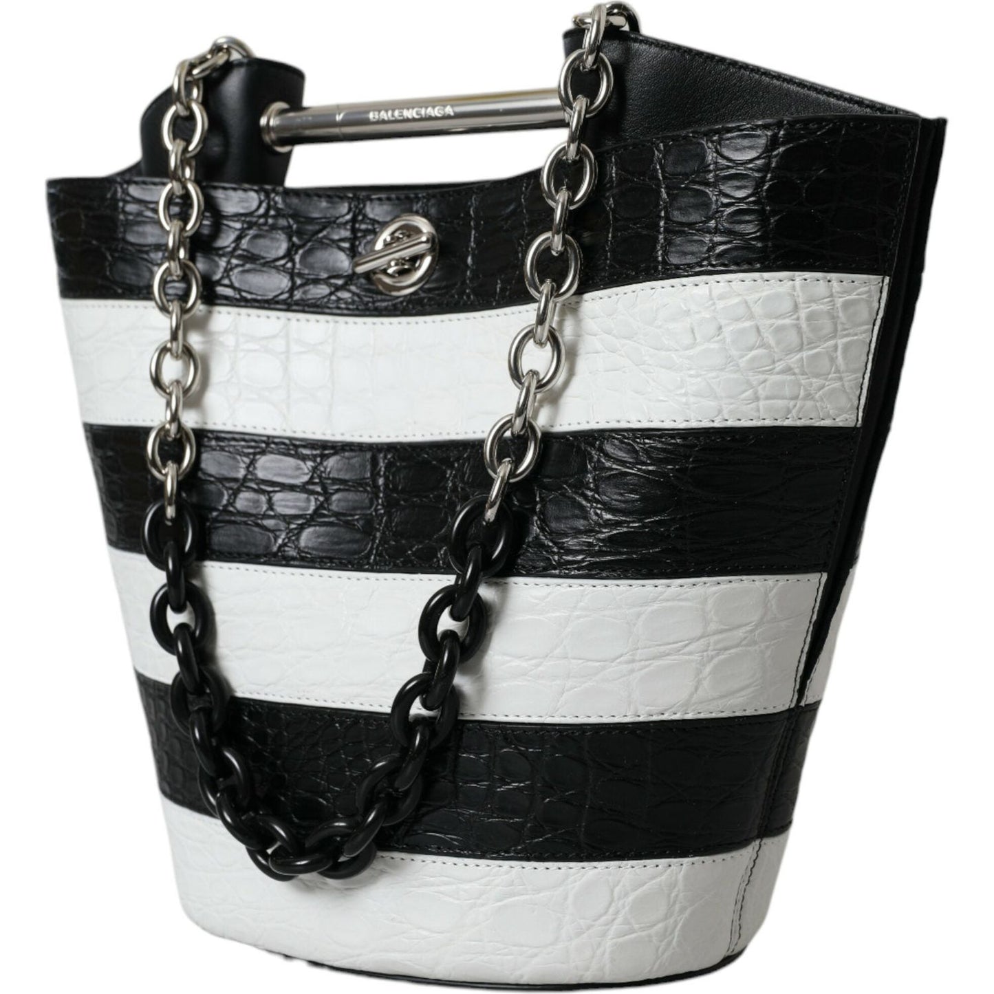 Balenciaga Black White Striped Exotic Skin Leather Maxi Bucket Tote Bag Balenciaga