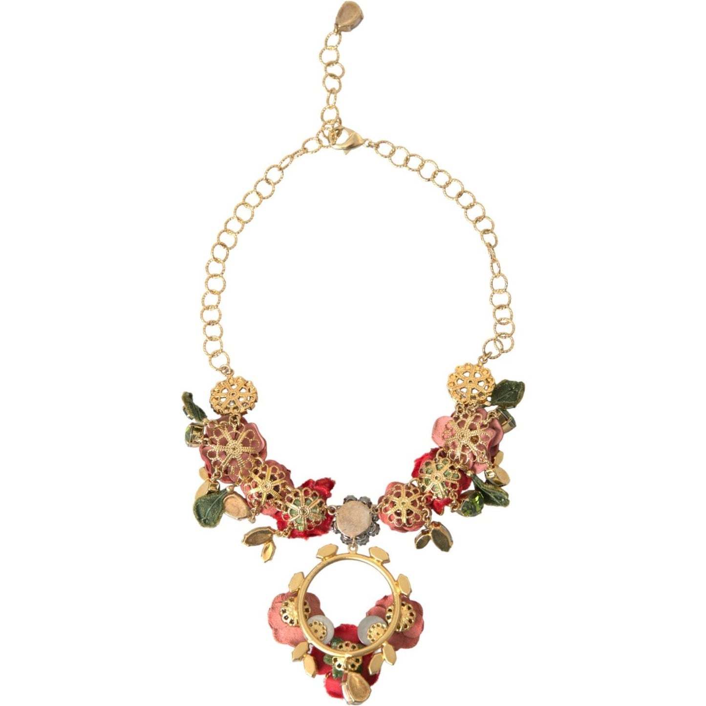 Dolce & Gabbana Gold Brass Link Chain Rose Petal Crystal Pendant Necklace Dolce & Gabbana