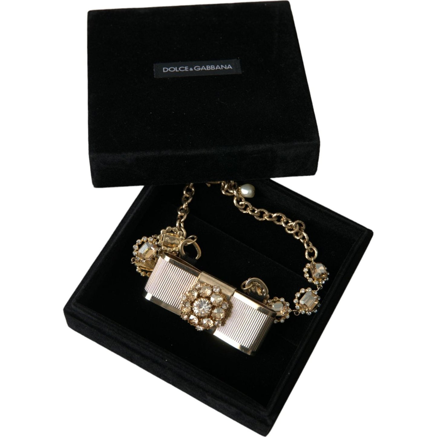 Dolce & Gabbana Gold Brass Clear Crystal Bow Chain Choker Necklace Dolce & Gabbana