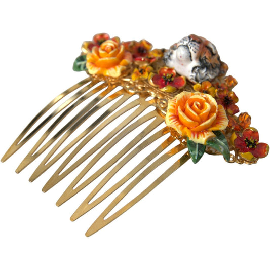 Dolce & Gabbana Gold Brass Crystal Leopard Floral Hair Comb Dolce & Gabbana