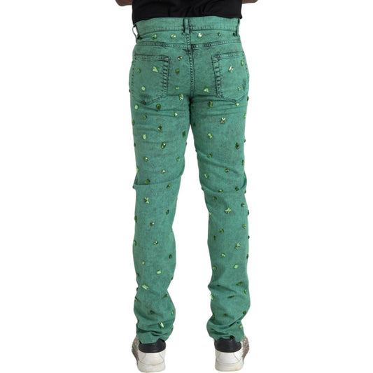 Dolce & Gabbana Green Crystals Cotton Stretch Slim Jeans Dolce & Gabbana