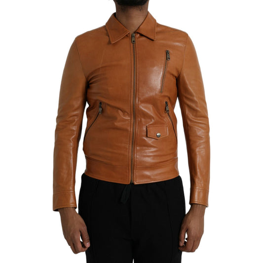 Dolce & Gabbana Brown Lamb Leather Full Zip Blouson Jacket Dolce & Gabbana