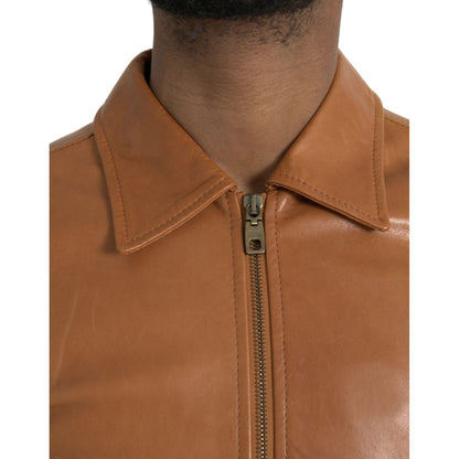 Dolce & Gabbana Brown Lamb Leather Full Zip Blouson Jacket