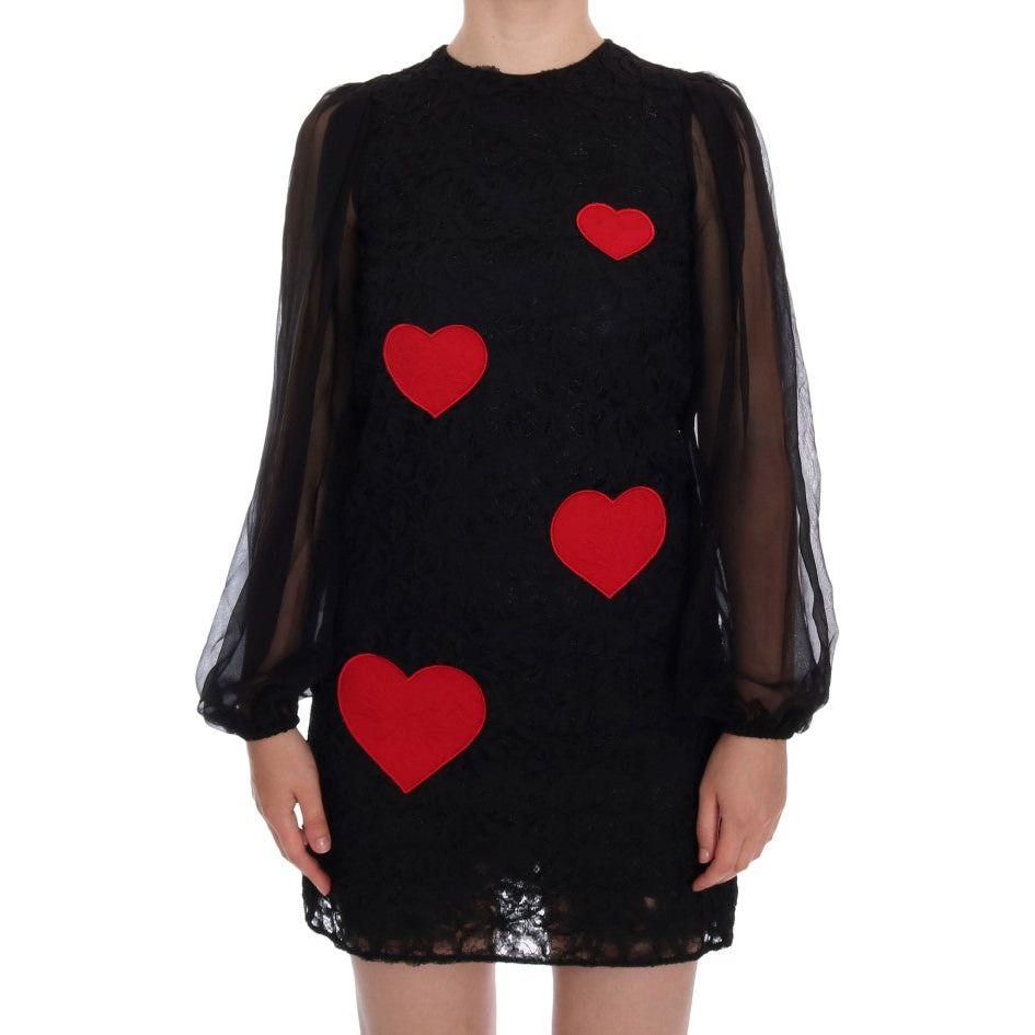 Dolce & Gabbana Elegant Black Lace Heart Applique Shift Dress Dolce & Gabbana