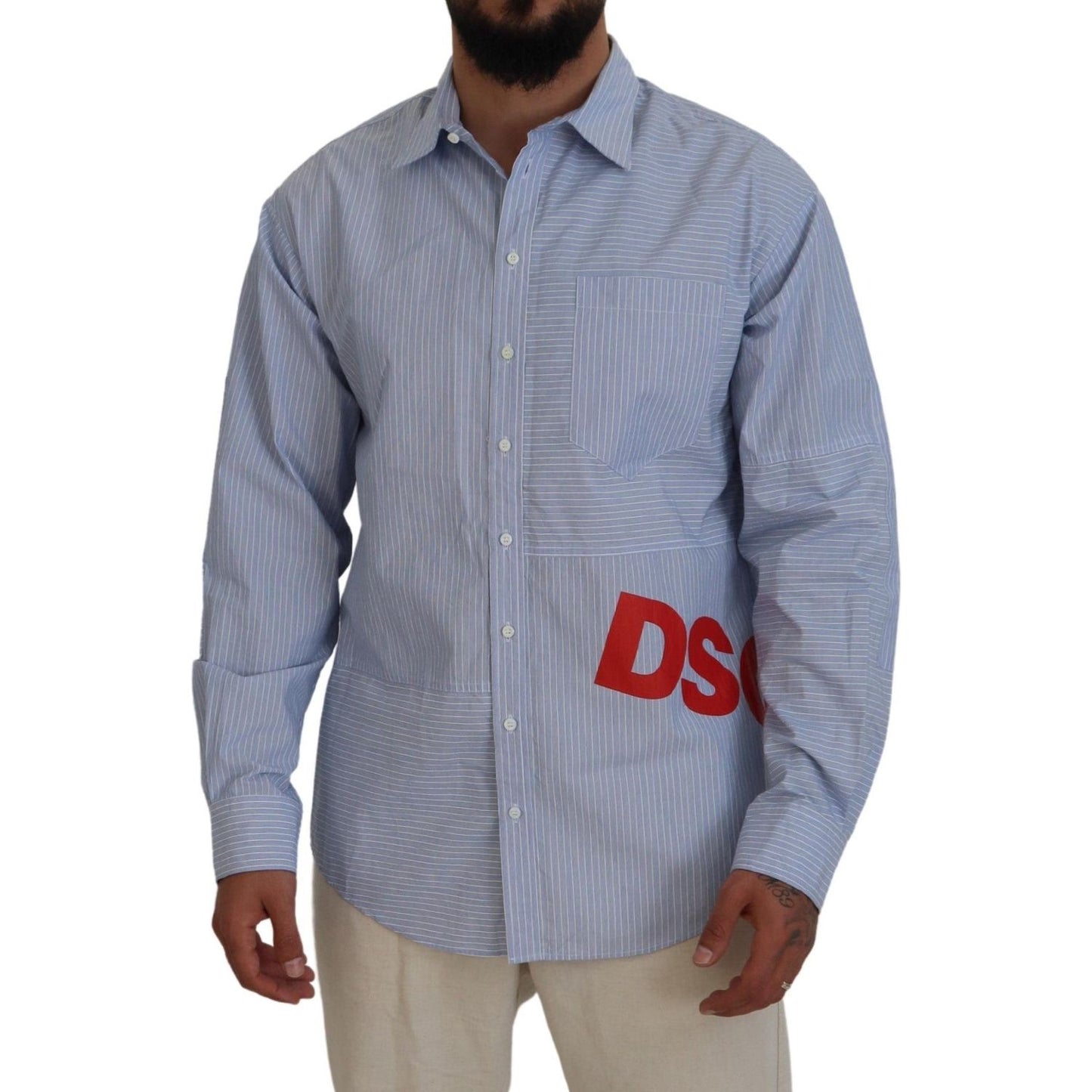 Dsquared² Blue Stripes Logo Print Long Sleeves Formal Shirt Dsquared²