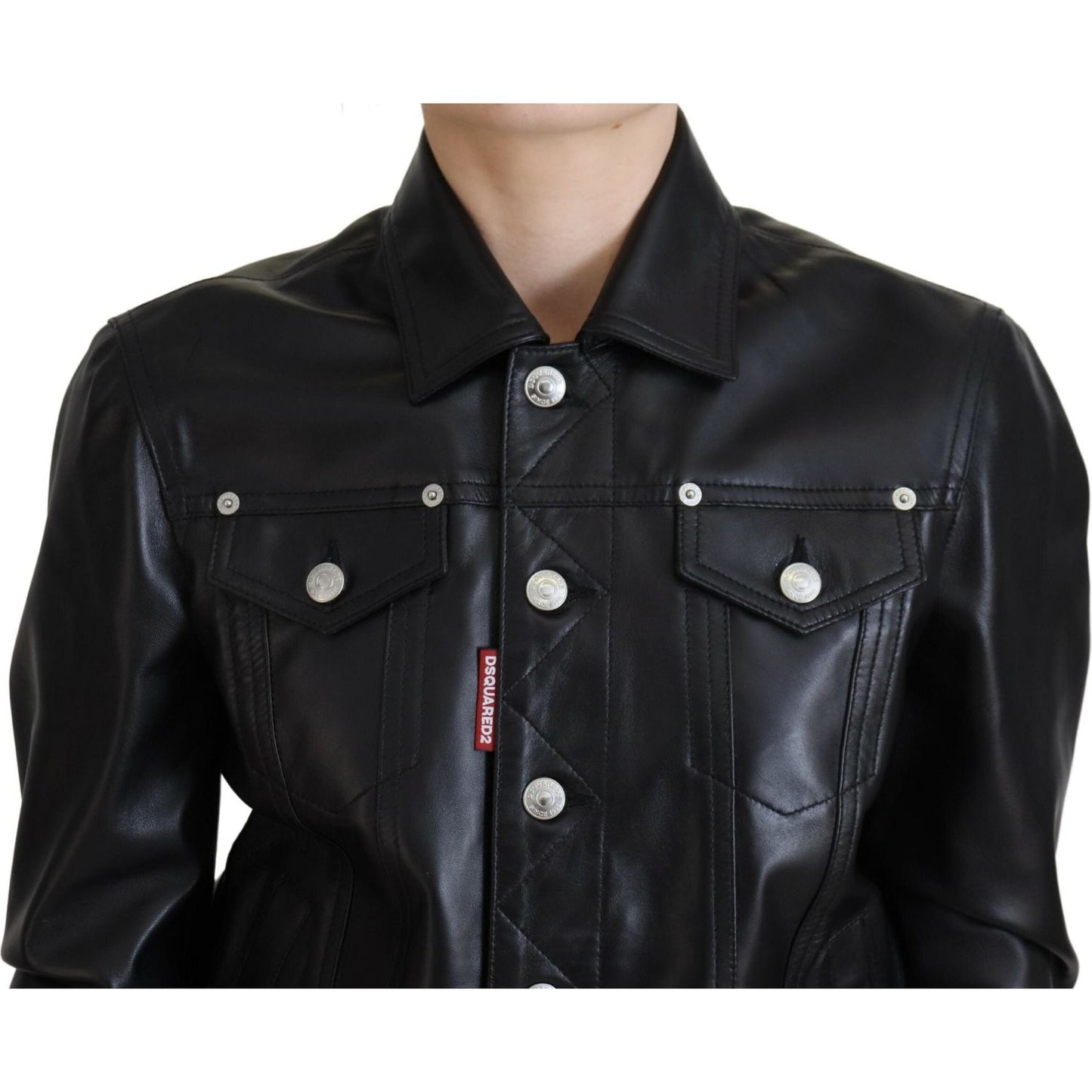 Dsquared² Black Leather Collared Long Sleeves Jacket Dsquared²