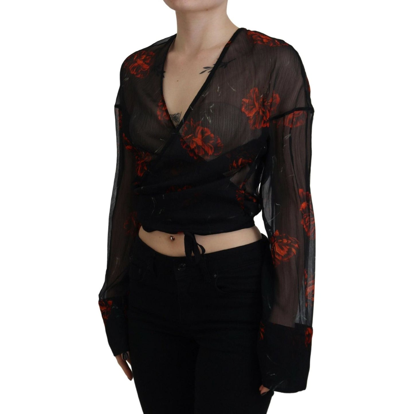 Dsquared² Black Floral Print Cropped Wrap Long Sleeves Top Dsquared²