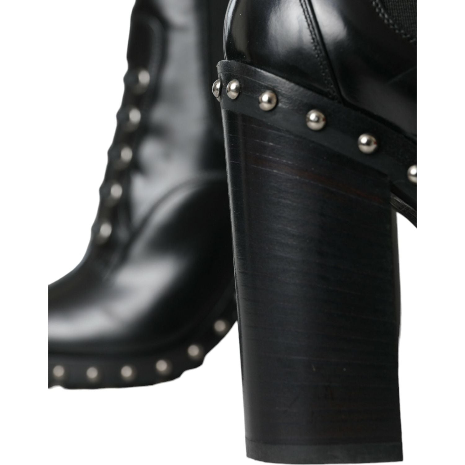 Dolce & Gabbana Black Leather Studded Lace Up Boots Shoes