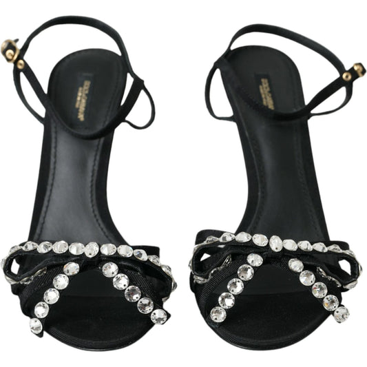 Dolce & Gabbana Black Viscose Crystal Bow Heels Sandals Shoes Dolce & Gabbana