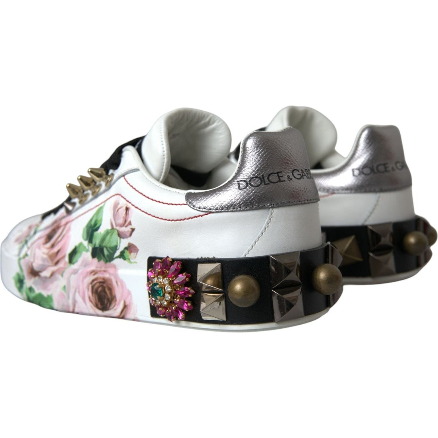 Dolce & Gabbana White Leather Crystal Roses Floral Sneakers Shoes Dolce & Gabbana