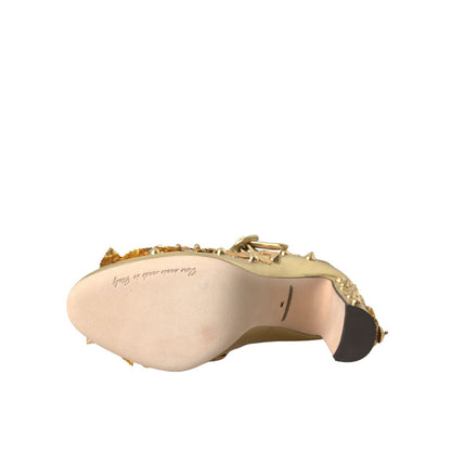 Dolce & Gabbana Gold Leather Crystal Mary Janes Pumps Shoes