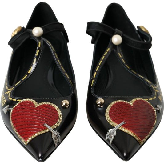 Dolce & Gabbana Black Leather Heart Embellished Loafers Shoes Dolce & Gabbana