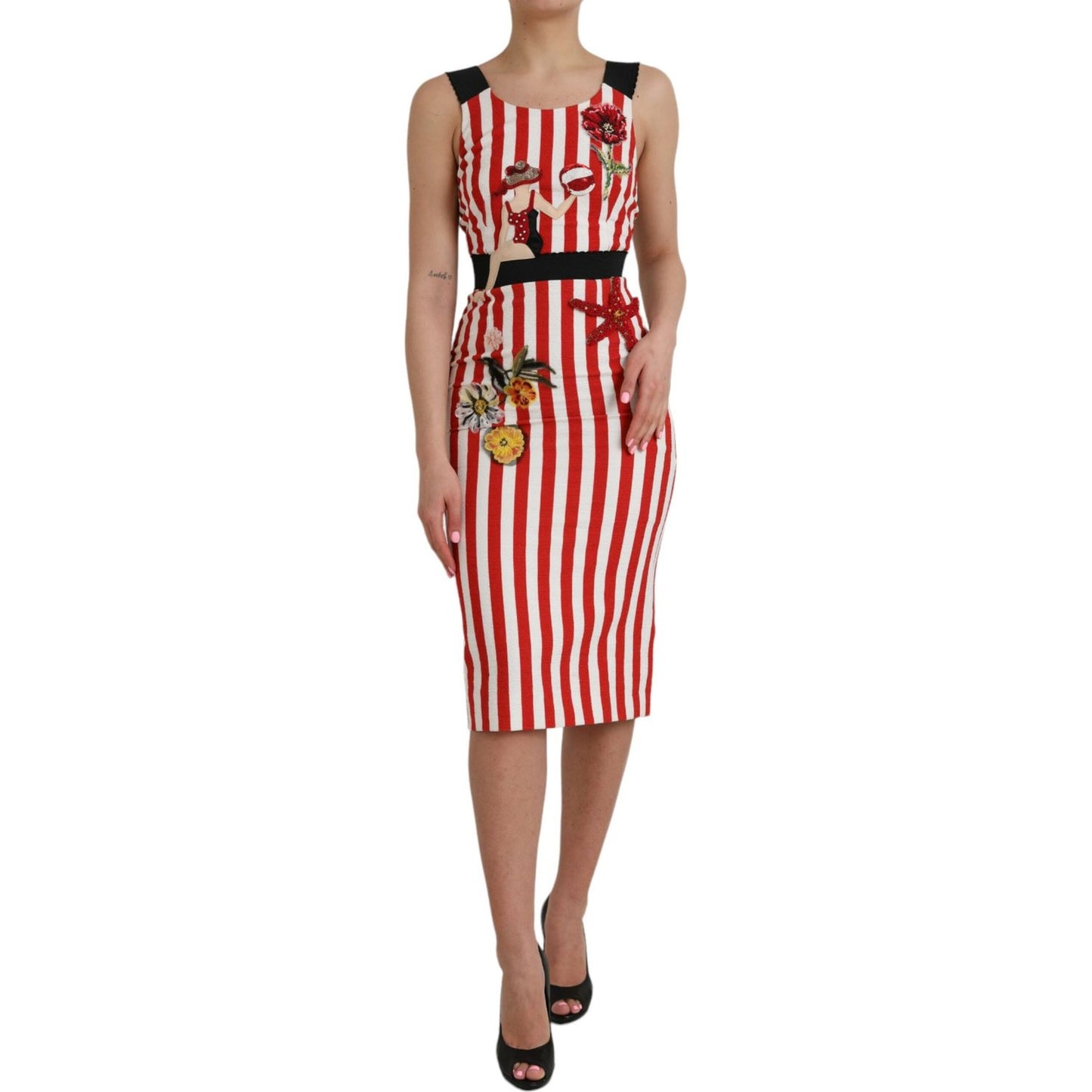 Dolce & Gabbana Red White Floral Sleeveless Sheath Midi Dress Dolce & Gabbana