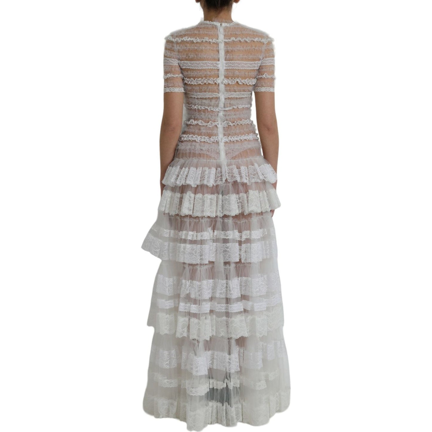 Dolce & Gabbana White Nylon Sheer Tiered Lace Maxi Dress Dolce & Gabbana