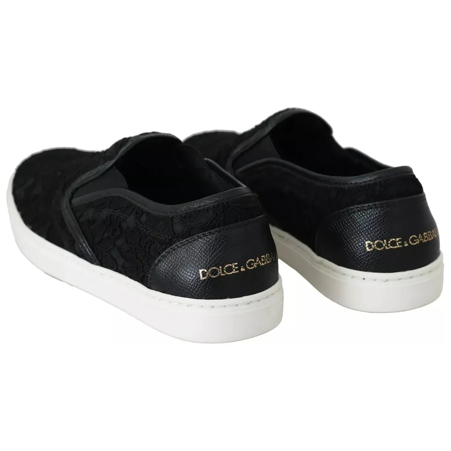 Dolce & Gabbana Black Lace Leather Logo Flat Slip-On Sneakers Dolce & Gabbana